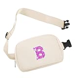 COSHAYSOO Small Waist Fanny Pack Belt Bag with Initial Letter Patch Adjustable Strap for Women Girl Friend Runner Running Traveling, Mini Crossbody Travel Purse Trendy Unique Preppy Pouch Ivory (B)