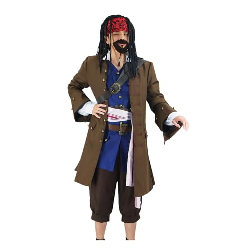 GVLAQST Men Pirate Costume Jack Sparrow Coat Vest Sash Pants Belt Goatee Beads Halloween Renaissance Party Outfit Brown 2XL by GVLAQST - Image 4