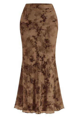 BTFBM Womens Floral Mesh Maxi Skirt 2026 Spring Summer Elastic