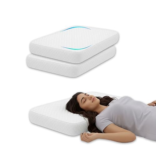 Image of High Density Memory Foam Cervical Pillow Set of 2 for Neck Pain Relief, 50x30x6 cm Orthopedic Support, Breathable Luxury Cover, Aligned Spine Bedding for Side and Back Sleepers, White