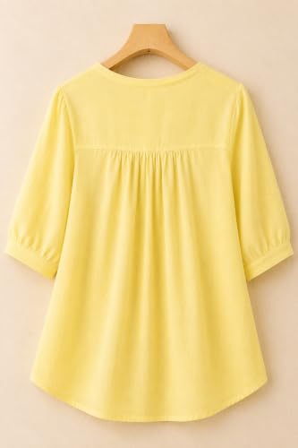 Image of RIEKA Womens Embroidered Korean Style Top and Tunic; V Neck| Floral Thread Embroidery| Three Quarter Puff Sleeves |Relaxed Fit Curved Hem| Casual Everyday Fusion Top