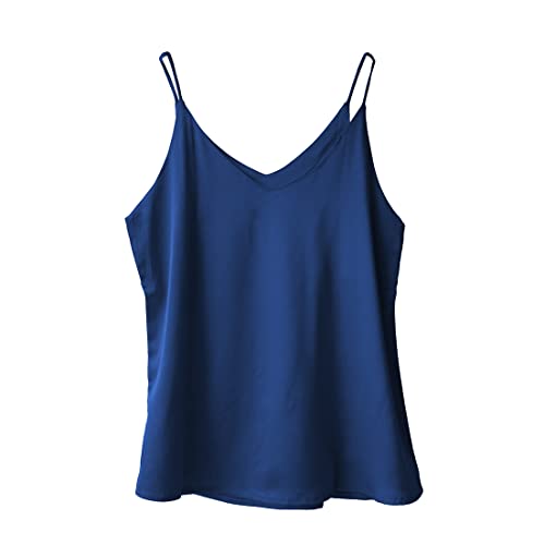 Wantschun Womens Silk Satin Camisole Cami Plain Strappy Vest Top T-Shirt Blouse Tank Shirt V-Neck Spaghetti Strap Basic - Navy Blue ; 2X