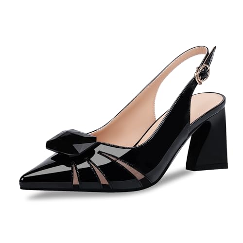 Women's Chunky Heel Slingback Pumps Patent Leather Pointed Toe Dress Shoes