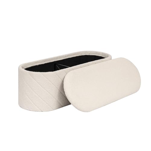 PINPLUS Banco de Almacenamiento Plegable Ovalado, Taburete Otomano Bouclé, Pie de Cama y Reposapiés para Salón, Dormitorio o Entrada, 110x38x38 cm, Blanco