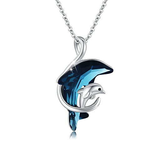 OHAYOO Cadena de delfín de plata de ley 925, colgante de delfín, collar con colgante de delfín con cristal azul, joyas de delfín, para mujeres Plata esterlina Delfín