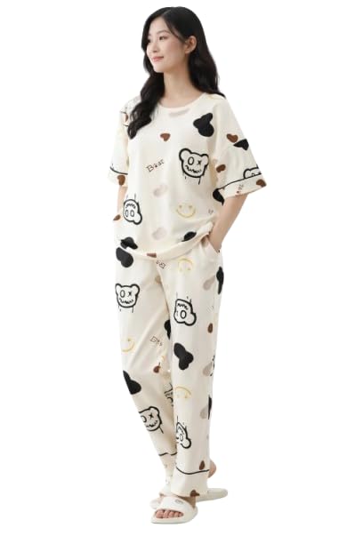 Image of Womens Night Dress Pajama Set Soft Stretchable Spandex Nightwear Night Suit Ladies Loungewear Sleepwear Two Piece Top and Pyjama Set for Women