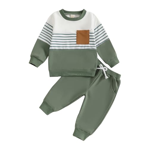 Image of Toddler Baby Boys Fall Winter Outfits Long Sleeve Contrast Color Sweatshirt Pullover T shirt with Elastic Waist Sweatpants Tracksuit Sets 2Pcs Clothes for Little Boys (Light Green, 18-24 Months)