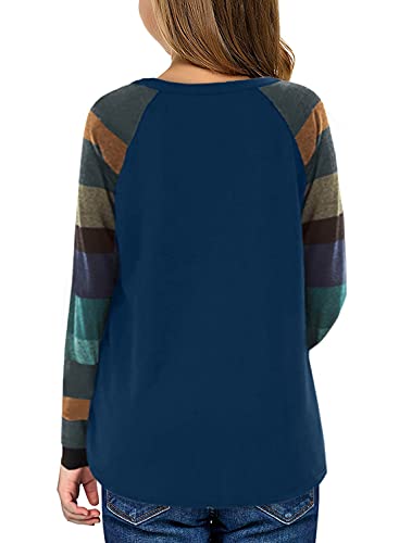 Image of SELINK Girls Big Kids Long Sleeve Striped Color Block Pocket Tees | Casual Loose Fit With Side Pockets,Soft Stretch Polyester Blend For Big Girls Daily&Back To School Wear