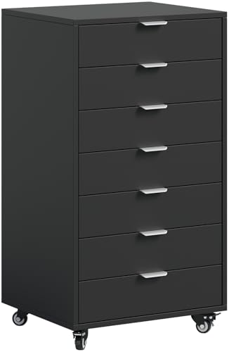 ELUCHANG Cajonera Escritorio con Ruedas, Archivador Oficina Móvil con 7 Cajones, Mueble Impresora, Cajonera Estrecha para Estudio, Salón, Dormitorio, 47,6x40x87,1cm, Negro