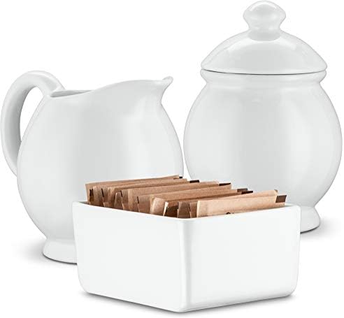 Kook Ceramic Sugar & Creamer Set, 3 Piece Porcelain Coffee Serving Set, Milk Pitcher, Sugar Bowl with Lid and Sweetener Packet Holder, Dishwasher Safe, White