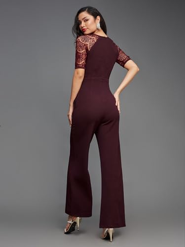 Image of Miss Chase Women's Halter Neck Sleeveless Solid Wide Leg Sequin Paneled Regular Length Jumpsuit