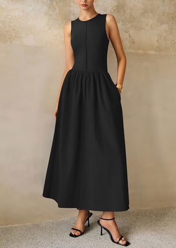 Image of PRETTYGARDEN Maxi Dresses for Women 2026 Summer Casual Sleeveless Patchwork Flowy Vacation Sundress Knit Long Work Tank Dress