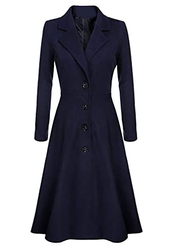 BOFETA Women's Vintage Notched Lapel Collar Wool Blend Dress Coat Swing A Line Long Solid Color Button Pea Coat