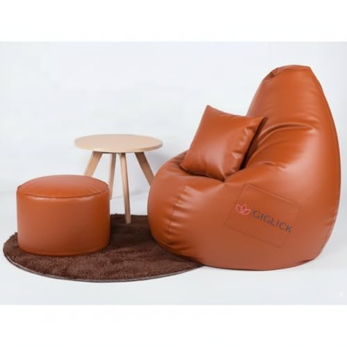 Image of 4XL Bean Bag with Footrest and Cushion (Filled with Beans) | Ready to Use | Premium Leatherette | High-Density Beans Filled | Double Stitching | 6 Months Warranty Color- (Orange)