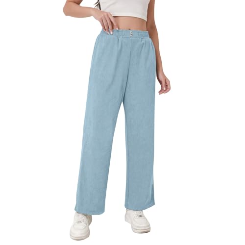 Generisch Pantalones de pana para mujer, cintura elástica, pantalones casuales, pantalones de pierna recta, pantalones de ocio monocolor, pantalones casuales con bolsillos, pierna ancha, cintura alta