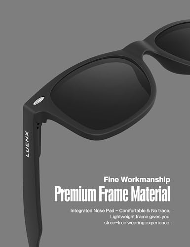 LUENX Polarized Sunglasses for Men Women UV400 Protection Non-mirrored Black Lens Matte Black Square Frame 54MM — view 6