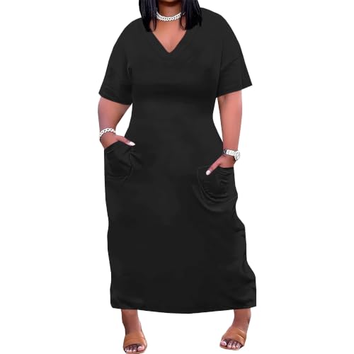 Image of Plus Size Maxi Dress for Women Short Sleeve V Neck Casual Loose Sundress with Pockets