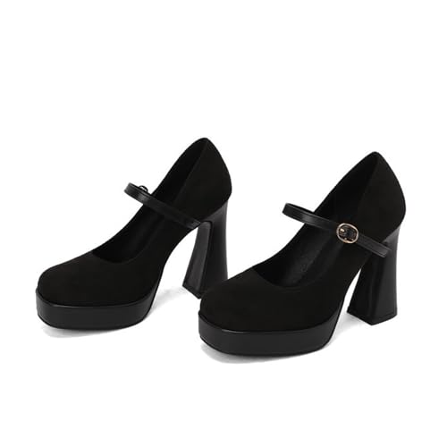 Women's Suede Block Heels Platform Mary Jane Shoes Closed Round Toe Buckle Chunky High Heel Pumps for Wedding Party Dress Shoes4