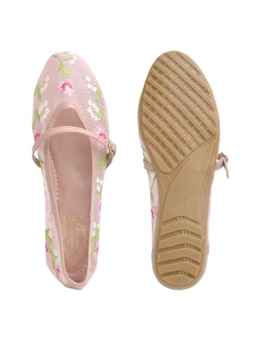 Image of Shoetopia Women'sFloral Embroidered Mary Jane Flats - Elegant Mesh Ballerinas with Adjustable Buckle Strap