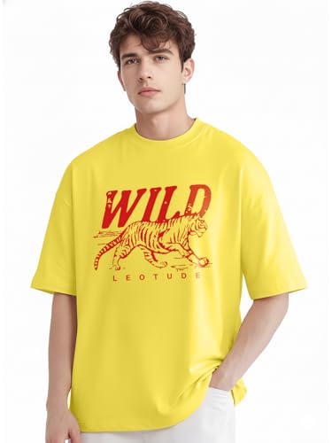 Image of LEOTUDE Casual Half Sleeve Cottonblend Printed Round Neck Drop Shoulder Oversized Tshirt for Man (Color Brown)