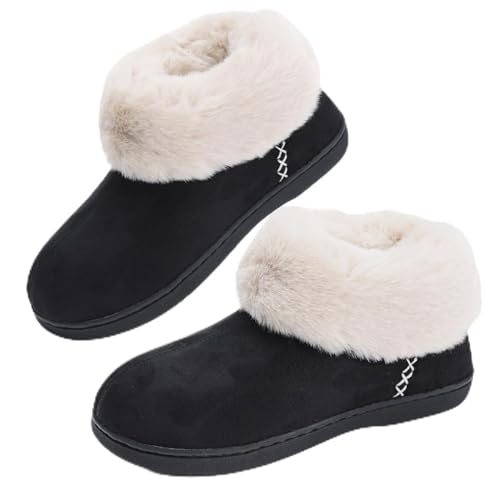 feetfreein Women's Microsuede Bootie Slippers Warm Winter Memory Foam House Shoes for Indoor Outdoor