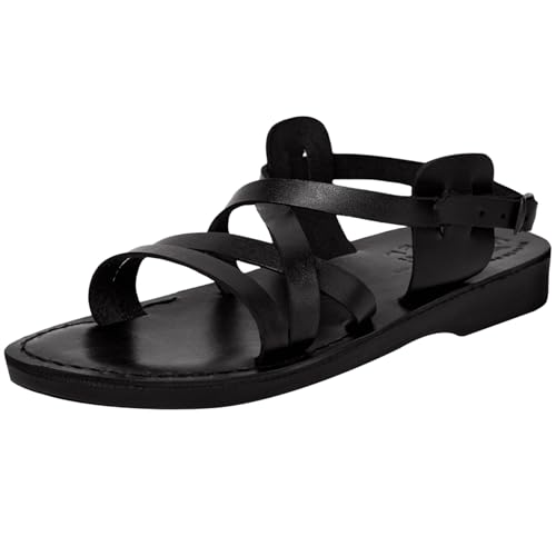 Holy Land Market Men/Women Biblical Jesus Leather Sandals/Slides From Jerusalem (Black Style II) - Main Image