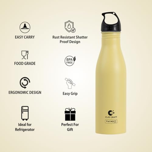 Image of CLAY CRAFT VACBOTT Skipper Single Walled Non Insulated Water Bottle-850ML, 1-Piece(Yellow) Leak Proof | Easy Grip |Easy to Carry| Gym Bottle | Home | Kitchen | Hiking | Treking Bottle | Travel