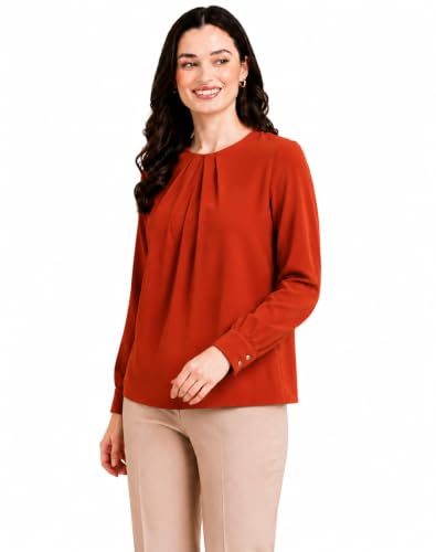 Image of Mirana Women's Full Sleeve Solid Top | Round Neck Pleated Front Regular Fit Office Casual Blouse with Button Cuffs
