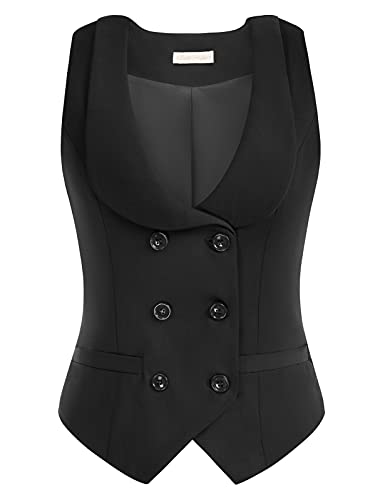 Belle Poque Women Double Breasted Waistcoat Vintage Lapel Collar Vest Coat with 2 Pockets