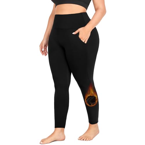 MOREFEEL Plus Size Leggings Fleece Lined with Pockets for Women-XL-4XL Thermal Winter Tummy Control Black Workout Yoga Pants