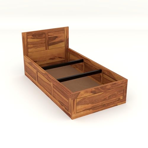 Image of Solid Sheesham Wood Single Size Bed with Box Storage for Bedroom Living Room Single Cot for Home Wooden Palang for Hotel (Honey, Size 6 * 3)