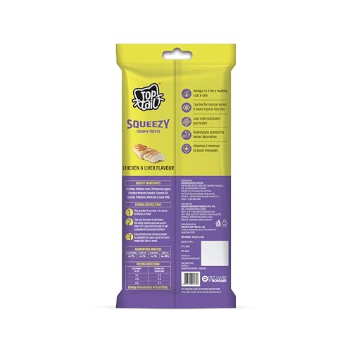 Image of Squeezy Creamy Treat for Cat | Chicken & Liver Flavour | 120 Grams, Combo Pack of 2 x 60g (12g x 10 Sachets) | Lickable Treats for Cats, Rich in Omega-3 & 6 Fatty Acids