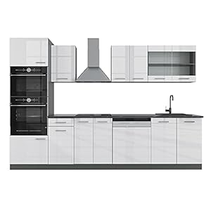 Vicco Complete keukeneenheid “R-Line”, Wit hoogglans/antraciet, 300 cm met hoge kast, zonder werkblad