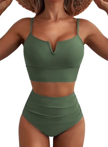 Herseas Two Piece Swimsuit for Women High Cut Tummy Control Bikini Set Cheeky Bathing Suit Adjustable Spaghetti Straps Beach Outfit Army Green Small
