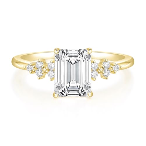 TIGRADE 3CT Engagement Ring for Women Emerald Cut Cubic Zirconia Promise Ring 14K Gold Plated CZ Eternity Wedding Band Size 3-11