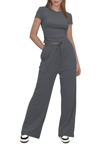 SotRong Summer 2 Piece Outfits Women Lounge Wear Sets Ruched Short Sleeve Crop Tops and High Elastic Waisted Wide Straight Leg Pants Tracksuit Activewear Casual Leisure Wear Sets - Image 4