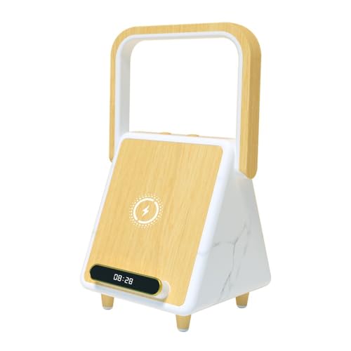 OURVER Altavoz Bluetooth Portátil, Lámpara LED De Noche, Soporte De Altavoz De Escritorio De Inducción De Madera, Altavoz De Escritorio Inalámbrico Inteligente