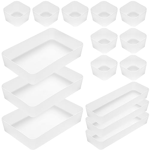 poeland 15 Pcs Drawer Organizer Tray Storage Box for Bedroom Dresser Bathroom Kitchen Frosted, Translucent