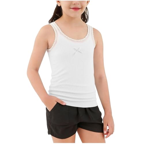 Girls Cotton Tank Tops Summer Sleeveless Bow Tanks Shirts Lace Trim Sports Undershirts for Kids 2-10 Years White