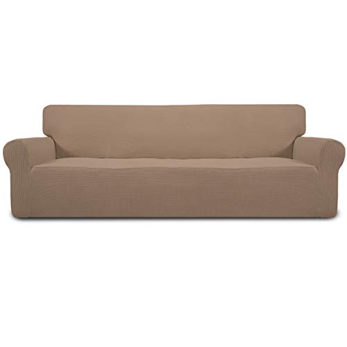 Image of Easy-Going Stretch 4 Seater Sofa Slipcover 1-Piece Sofa Cover Furniture Protector Couch Soft with Elastic Bottom for Kids, Polyester Spandex Jacquard Fabric Small Checks Camel