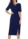 VFSHOW Womens Pleated Notch V Neck Buttons Split Work Office Business Slim Bodycon Pencil Sheath Midi Navy Blue Dress 10245 BLU S