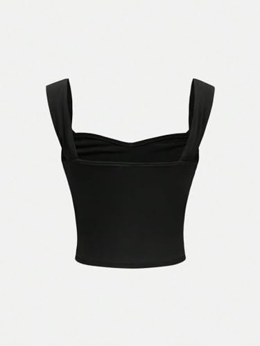 OYOANGLE Girl's Sleeveless Square Neck Wide Straps Ruched Tank Top Solid Slim Fit Crop Tops2