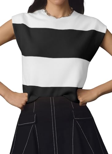 Image of HVT Womens Sweater Vest Cap Sleeve Tops Summer Loose Fashion Vest Striped Casual Shorts Sleeve Color Block Top Trendy Blouses Black