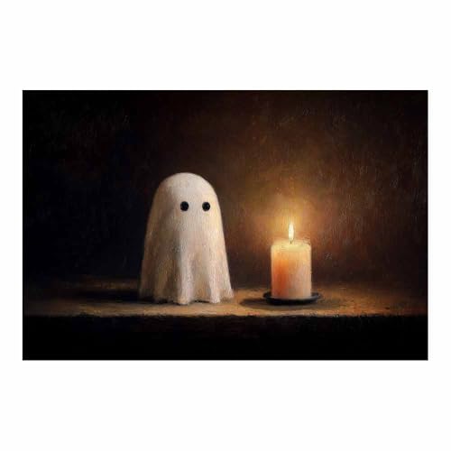 Poster Halloween Dark Academia fantômes et bougie pour décorer un salon feutré couleur gingembre