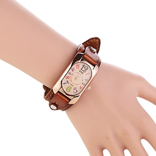 Vintage Leather Quartz Stone Women's Watch, Women's Leather Strap Watch, Ladies Genuine Leather Strap Watch, Rectangle Digital Watch (Light Coffee)