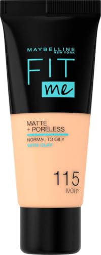 Maybelline New York Base de Maquillaje Fit Me Matte & Poreless, 115 Ivoire | Textura Fluida, Acabado Mate, Efecto Minimiza Poros, Para Piel Normal a Grasa, Fit Me