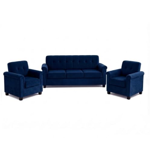 Image of FURNY Woodswave 5 Seater 3+1+1+2 Puffy Sofa Set for Living Room in Premium Velvet Finish (Dark Blue) Durable & Comfortable Ideal for Living Rooms