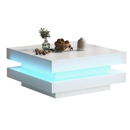 XPSSJMU Table Basse carrée Blanche laquée Brillante avec Plateau pivotant - Style Techno Moderne avec Design 16 Couleurs, 70 x 70 x 36 cm