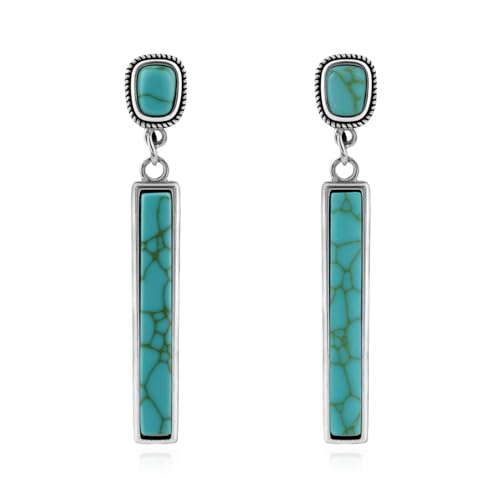 Silver Turquoise dangle Earrings for Women Boho Earrings Chunky Long Turquoise Studs Gemstone Bar Dangling