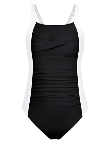 Image of DAXIANG Girls One Piece Swimsuit Modest Ruched Color Block Bathing Suit Tween Adjustable Straps Padded Swimwear Size 7-16